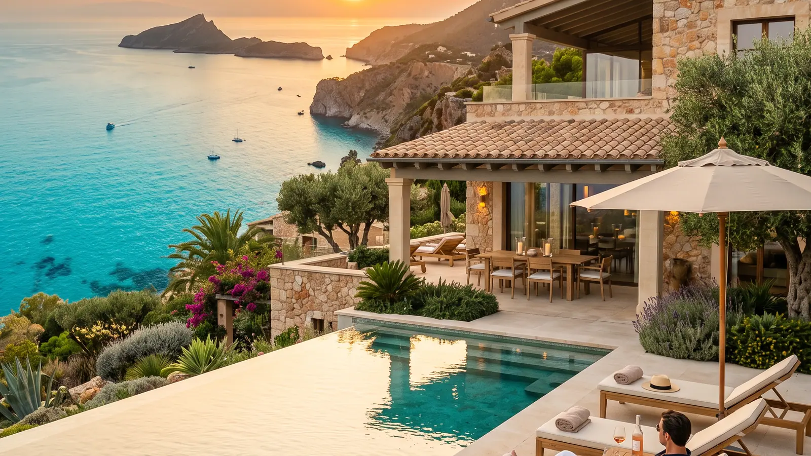 Terrasse einer Finca mit Pool und Meerblick