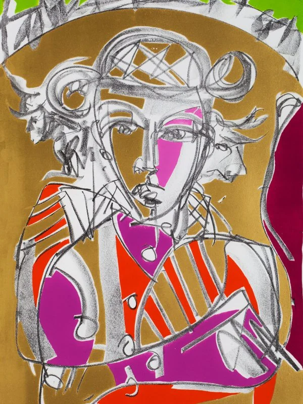 Lithografie von Markus Tollmann in Gold, Magenta und Orange mit einer Figur unter breitem Hut